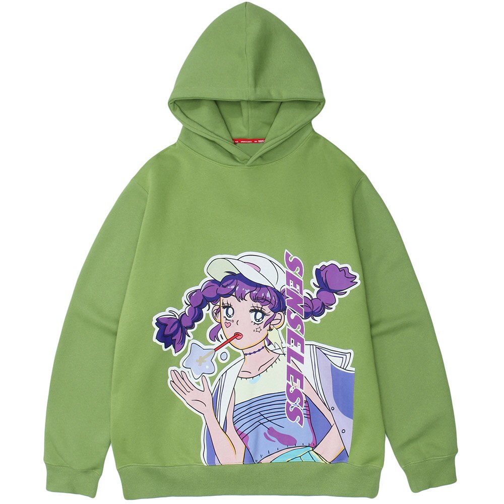 Men Purple Hair Girl Anime Print Plus Velvet Pullover Loose Cozy Fashion Harajuku College Style Otaku Sweatshirt