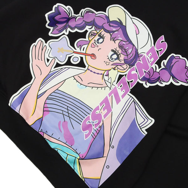 Men Purple Hair Girl Anime Print Plus Velvet Pullover Loose Cozy Fashion Harajuku College Style Otaku Sweatshirt
