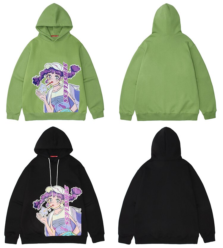 Men Purple Hair Girl Anime Print Plus Velvet Pullover Loose Cozy Fashion Harajuku College Style Otaku Sweatshirt