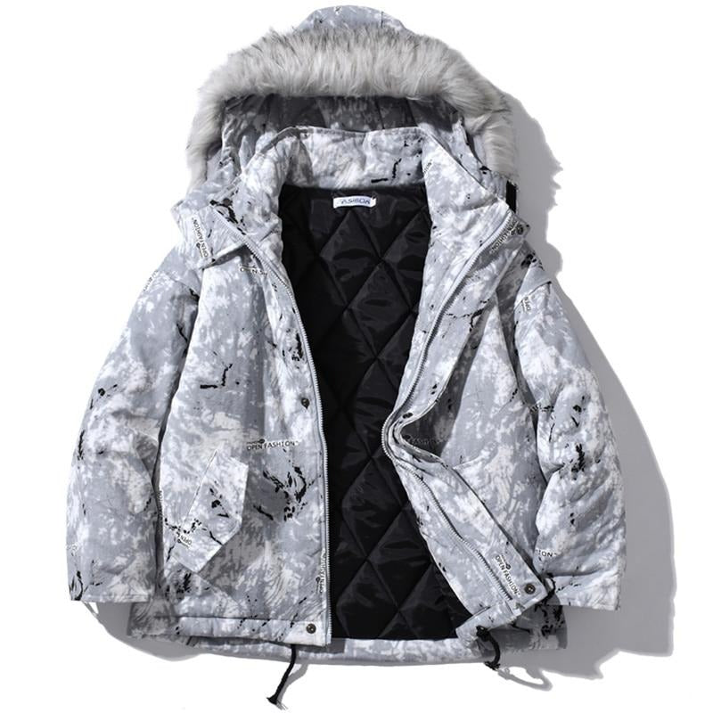 Parka Jacket Men Letter Tie Dye Print Zipper Sleeve Hooded Jackets Coat Winter Harajuku Hip Hop Warm Padded Outwear Men