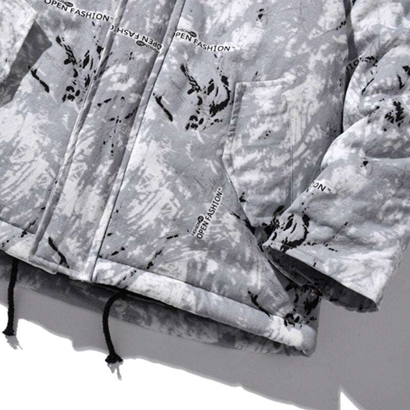 Parka Jacket Men Letter Tie Dye Print Zipper Sleeve Hooded Jackets Coat Winter Harajuku Hip Hop Warm Padded Outwear Men