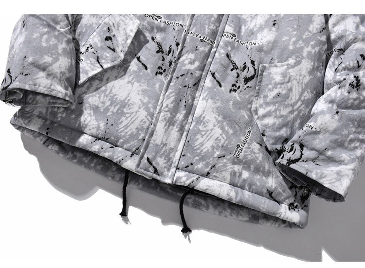 Parka Jacket Men Letter Tie Dye Print Zipper Sleeve Hooded Jackets Coat Winter Harajuku Hip Hop Warm Padded Outwear Men