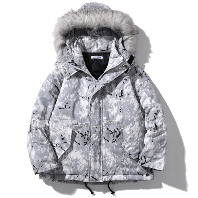 Parka Jacket Men Letter Tie Dye Print Zipper Sleeve Hooded Jackets Coat Winter Harajuku Hip Hop Warm Padded Outwear Men