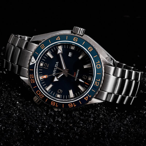 Men's Black 43.5mm GMT Dual-Time Automatic Watch Sea Ocean Homage Sapphire Crystal Ceramic Bezel Insert