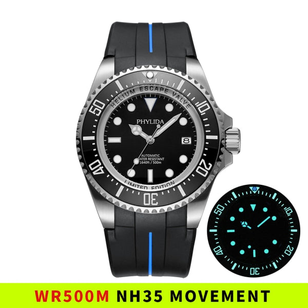 43.5mm Men's Sport Diver Watch PT5000 / NH35 Automatic Wristwatch Sapphire Stainless Steel 50Bar 500m WR