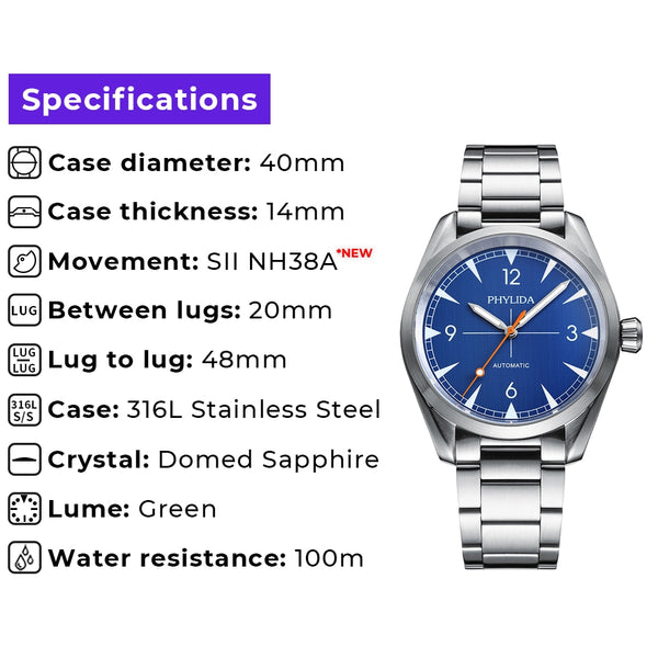 40mm Men's Automatic Watch Classic Mechanical Wristwatch Blue Dial NH38A Movement 100M Water Resistant Fully Brushed