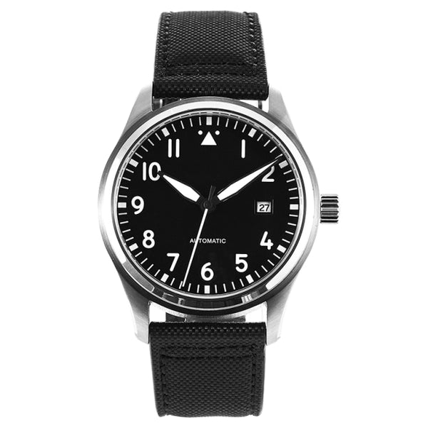 42mm Black Pilot Watch 5ATM MIYOTA Automatic Domed Sapphire Crystal Full Luminous Canvas Leather Strap