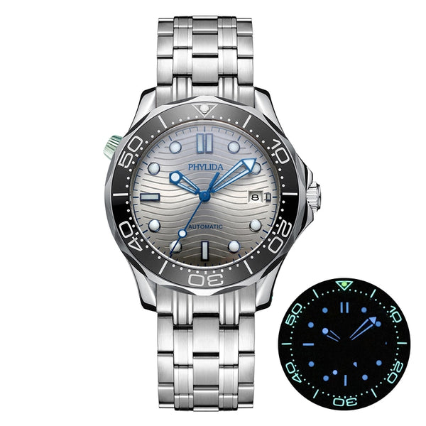 41mm Sport Diver Watch Silver Dial Sapphire Crystal Watches for Men Automatic Stainless Steel
