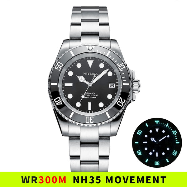 300M Water Resistant 40mm Men's Black Diver Watch Automatic nh35 Movement Sapphire Crystal SUB Homage