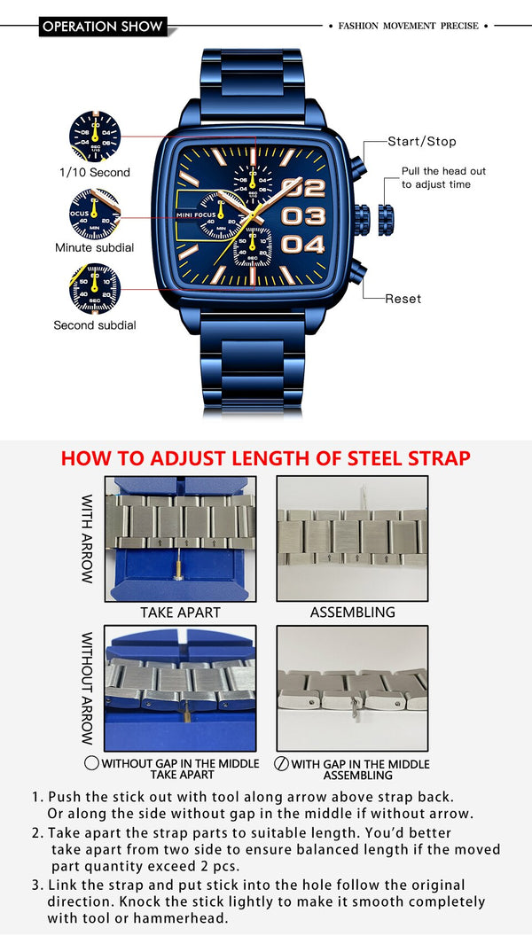 Top Luxury Brand Quartz Men Clock Big Square Case Chronograph Luminous Watches Mens Blue Stainless Steel Strap