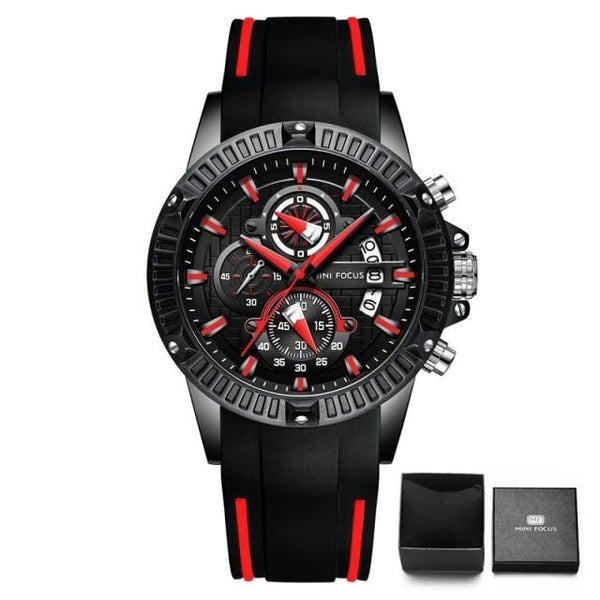 Outdoor Sport Quartz Watch Men Black 3 Sub-dial 6 Hands Multifunction Rubber Strap Waterproof Casual Wristwatch Male
