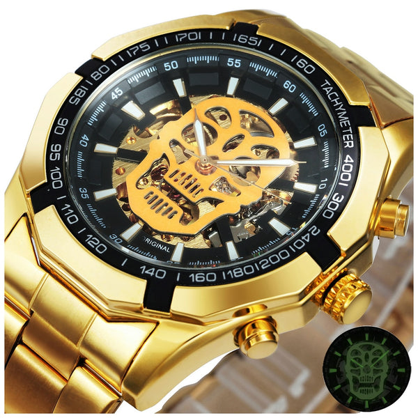 Mens watches Top Brand Luxury Automatic Mechanical Gold Watch For Men Skeleton Skull Full Steel Hip Hop