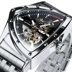 Triangle Military Men Watch Skeleton Mechanical Automatic Wristwatches Silver Stainless Steel Strap Irregular