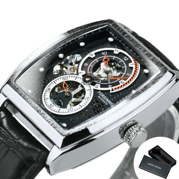 Sport Automatic Watch for Men Black Tonneau Mechanical Wristwatches Luxury Leather Strap Sub-dials relogio masculino