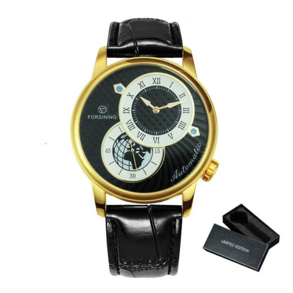 Marine Auto Mechanical Watch Mens Fashion 2 Dails Design Watches for Men Retro Leather Band Clocks Luxury Gift Male