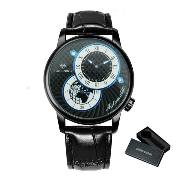 Marine Auto Mechanical Watch Mens Fashion 2 Dails Design Watches for Men Retro Leather Band Clocks Luxury Gift Male