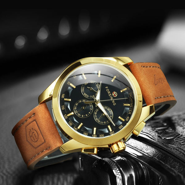 Sport Men Watch Automatic Mechanical Wristwatches Multifunction Sub-Dials Fashion Crazy Horse Leather Strap relogio masculino