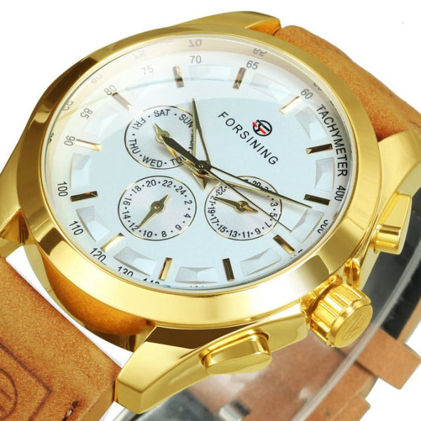 Sport Men Watch Automatic Mechanical Wristwatches Multifunction Sub-Dials Fashion Crazy Horse Leather Strap relogio masculino