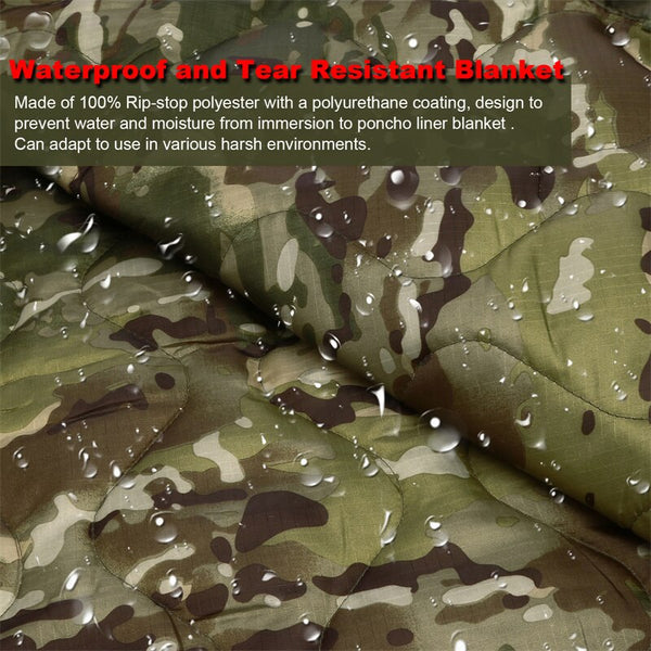 Military Tactical Army Poncho Liner Camouflage Water Repellent Woobie Quilted Blanket Suitable for Camping, Shooting, Hunting