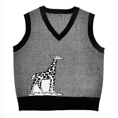 Jacquard V Neck Knitted Sweater Vest Female Cartoon Pattern Loose Sleeveless Bottoming Tops