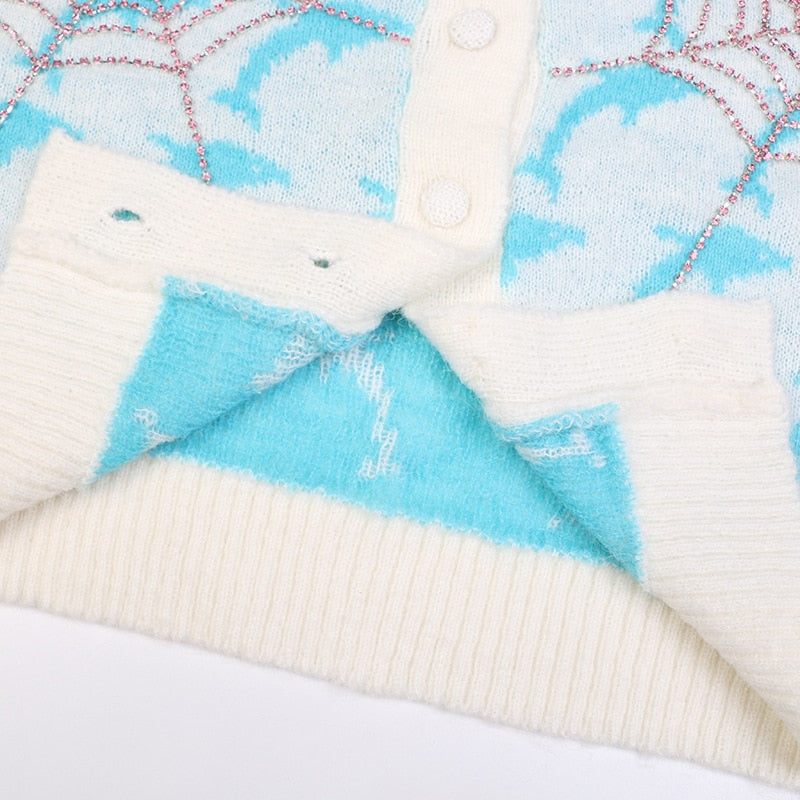 Jumper Autumn Winter Sweet Dolphin Jacquard Knitted Sweater Women's Loose Y2k Cardigan Casual Chic Short Coat