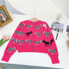 Ins Street Fashion Rose Zebra Cardigan Women Sweaters Winter Button Up Coat Autumn Thick Warm Knitted Streetwear