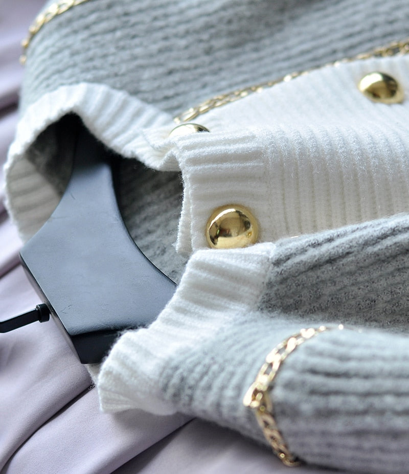 Fall Winter Knit Cardigan England Style O-Neck Double Breasted Long Sleeve Temperament Luxury Chain Women Sweater Outwear