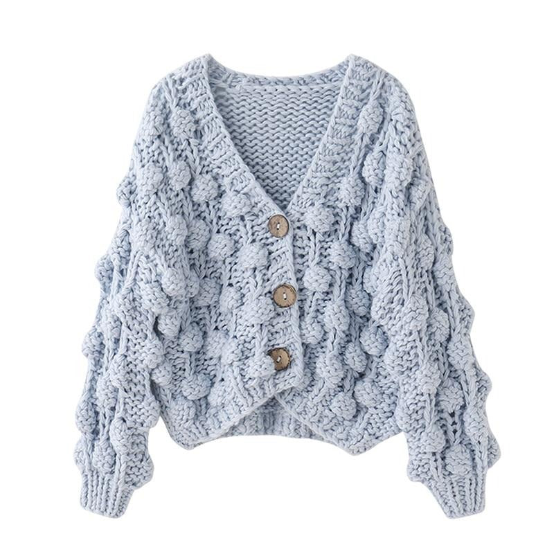 Runway Personality Women's Handmade Balls Sweater Women Coarse Wool Cropped Cardigan V-neck Casual Thick Winter Coat