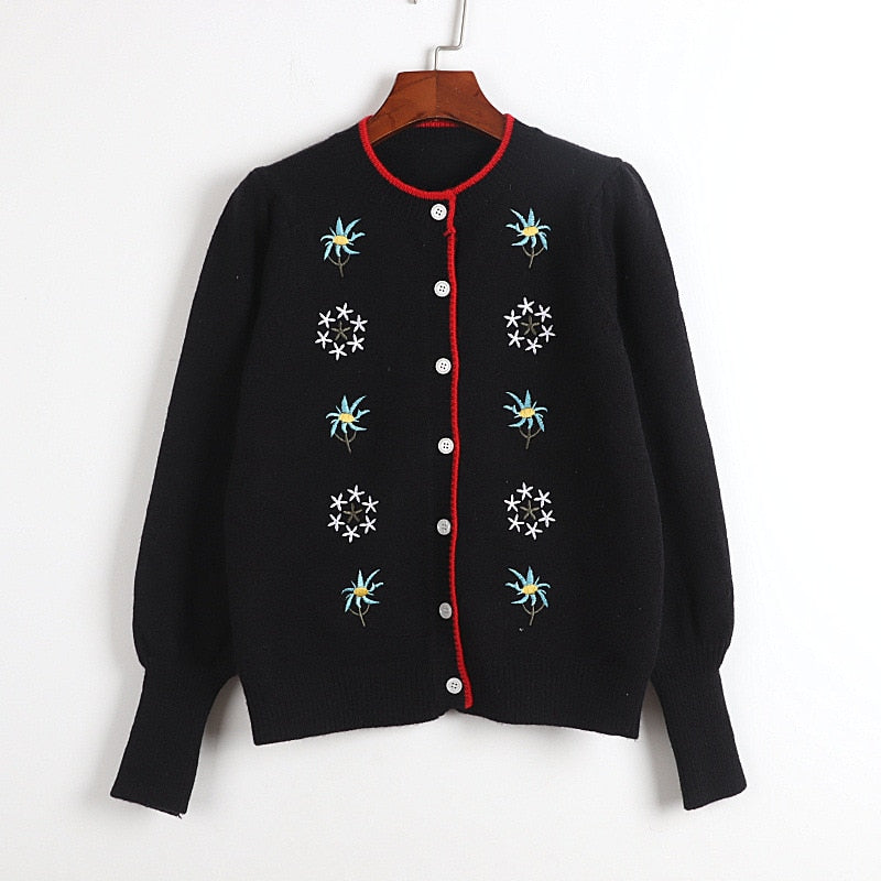 Spring Autumn Classic Black Casual Knitting Cardigan Floral Embroidered Cardigan O-Neck Puff Sleeve Slim Outerwears