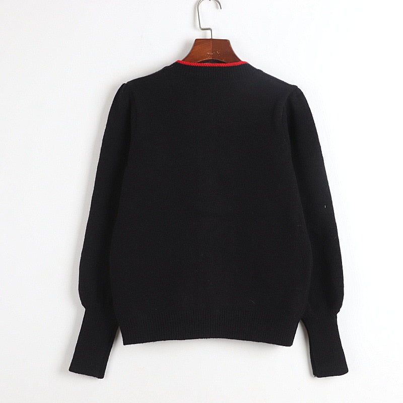 Spring Autumn Classic Black Casual Knitting Cardigan Floral Embroidered Cardigan O-Neck Puff Sleeve Slim Outerwears