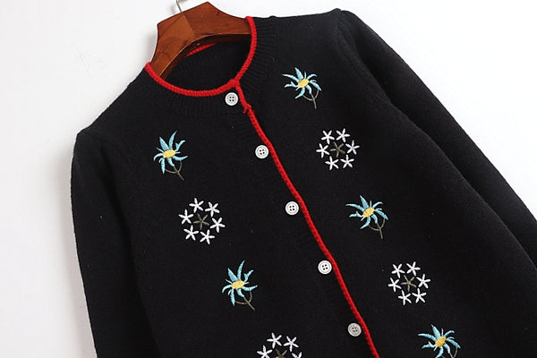 Spring Autumn Classic Black Casual Knitting Cardigan Floral Embroidered Cardigan O-Neck Puff Sleeve Slim Outerwears