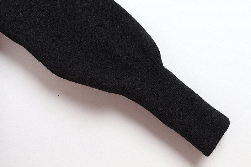 Spring Autumn Classic Black Casual Knitting Cardigan Floral Embroidered Cardigan O-Neck Puff Sleeve Slim Outerwears