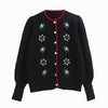 Spring Autumn Classic Black Casual Knitting Cardigan Floral Embroidered Cardigan O-Neck Puff Sleeve Slim Outerwears