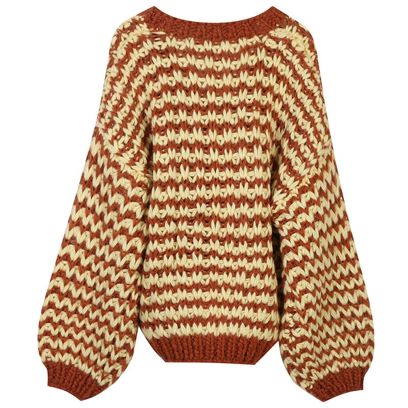 Striped Cardigan Sweater Women Lantern Sleeve Casual Loose Jumper Autumn Winter V Neck Knitted Oversized Coat Ladies