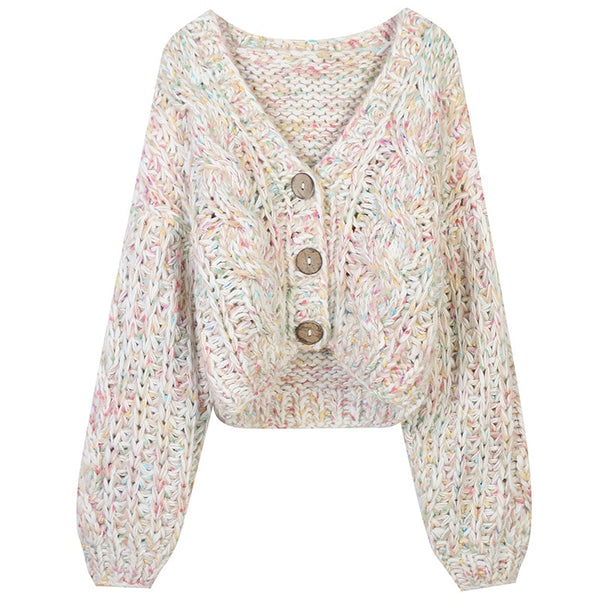 Handmade Chunky Knit Tops Women Fashion Cropped Knitted Cardigan Sweater Colourful Streetwear