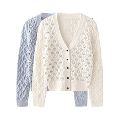 Spring Autumn Short Women Knit Jacket V-Neck Rhinestone Hollow Out Knitwear Luxurious Ladies Cardigan Coat