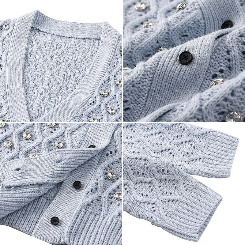 Spring Autumn Short Women Knit Jacket V-Neck Rhinestone Hollow Out Knitwear Luxurious Ladies Cardigan Coat
