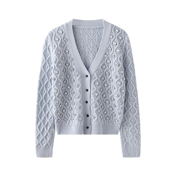 Spring Autumn Short Women Knit Jacket V-Neck Rhinestone Hollow Out Knitwear Luxurious Ladies Cardigan Coat