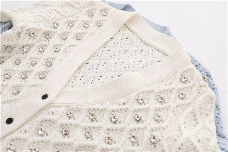 Spring Autumn Short Women Knit Jacket V-Neck Rhinestone Hollow Out Knitwear Luxurious Ladies Cardigan Coat