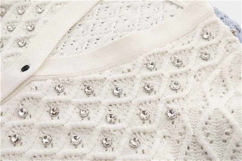 Spring Autumn Short Women Knit Jacket V-Neck Rhinestone Hollow Out Knitwear Luxurious Ladies Cardigan Coat