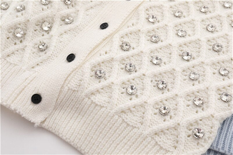Spring Autumn Short Women Knit Jacket V-Neck Rhinestone Hollow Out Knitwear Luxurious Ladies Cardigan Coat