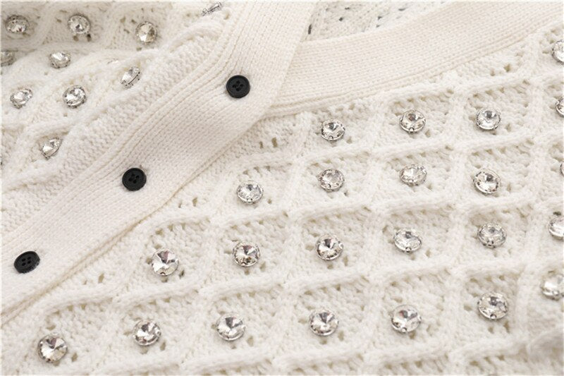 Spring Autumn Short Women Knit Jacket V-Neck Rhinestone Hollow Out Knitwear Luxurious Ladies Cardigan Coat