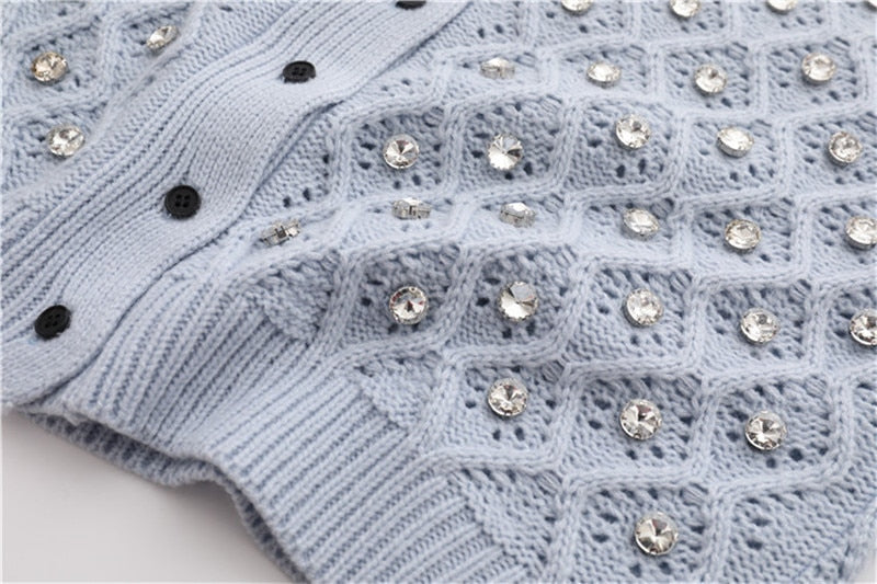 Spring Autumn Short Women Knit Jacket V-Neck Rhinestone Hollow Out Knitwear Luxurious Ladies Cardigan Coat