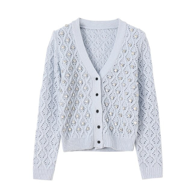 Spring Autumn Short Women Knit Jacket V-Neck Rhinestone Hollow Out Knitwear Luxurious Ladies Cardigan Coat