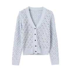 Spring Autumn Short Women Knit Jacket V-Neck Rhinestone Hollow Out Knitwear Luxurious Ladies Cardigan Coat