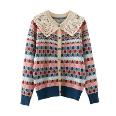 Knitted Cardigan Women Autumn Turn Down Collar Plaid Sweater Knitwear Coat Dropshipping Blusas Mujer De Moda