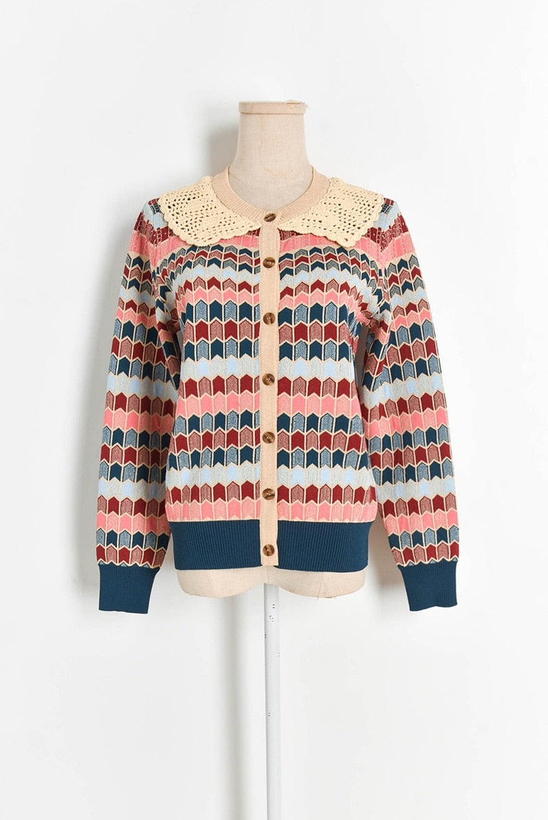 Knitted Cardigan Women Autumn Turn Down Collar Plaid Sweater Knitwear Coat Dropshipping Blusas Mujer De Moda