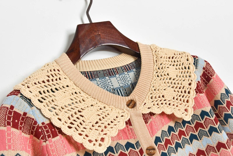 Knitted Cardigan Women Autumn Turn Down Collar Plaid Sweater Knitwear Coat Dropshipping Blusas Mujer De Moda