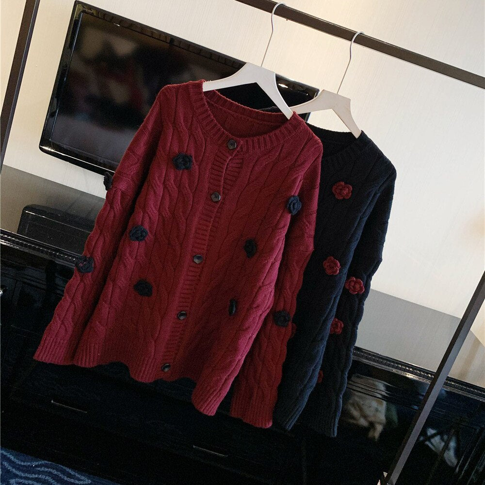 High Quality Women Winter Embroidered Floral Cardigan Sweater Outwear Knit Female Clothes Christmas Luxury