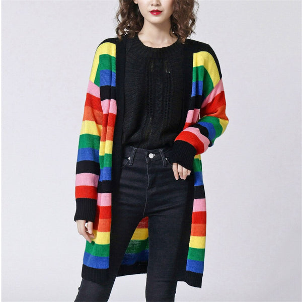 Women Rainbow Oversized Cardigan Long Knitted Sweater Cape Tops Femme Warm Sweaters Sueter Mujer